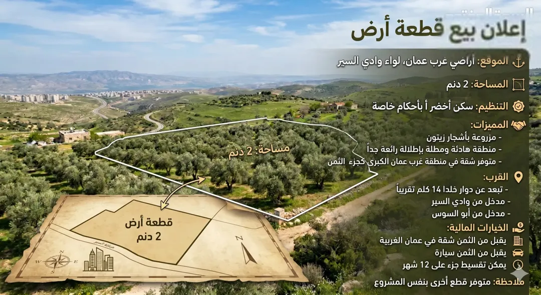 قطعة أرض مميزة للبيع في أراضي غرب عمّان باطلاله دائمه