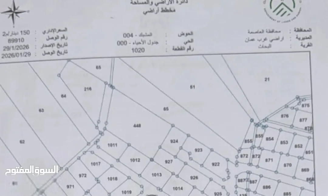 ارض للبيع حوض 4 المشبك مرج الحمام على شارع رئيسي المساحة 1080 م منطقة فلل التنظيم سكن ج