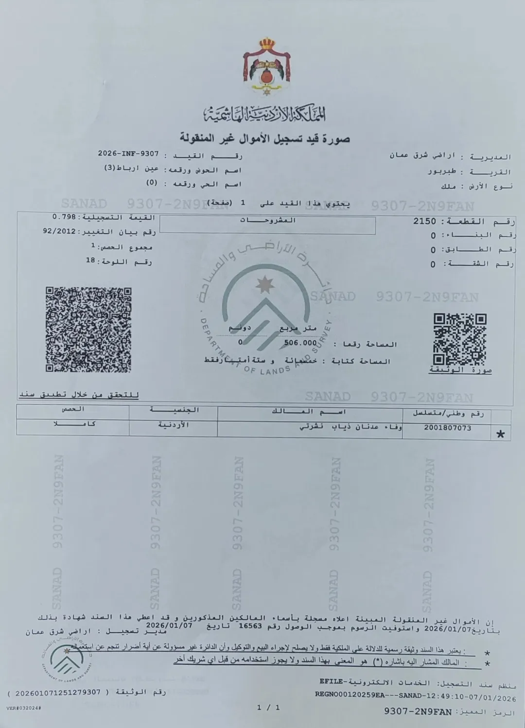 أرض للبيع في عين رباط طبربور عمان 506 متر مربع