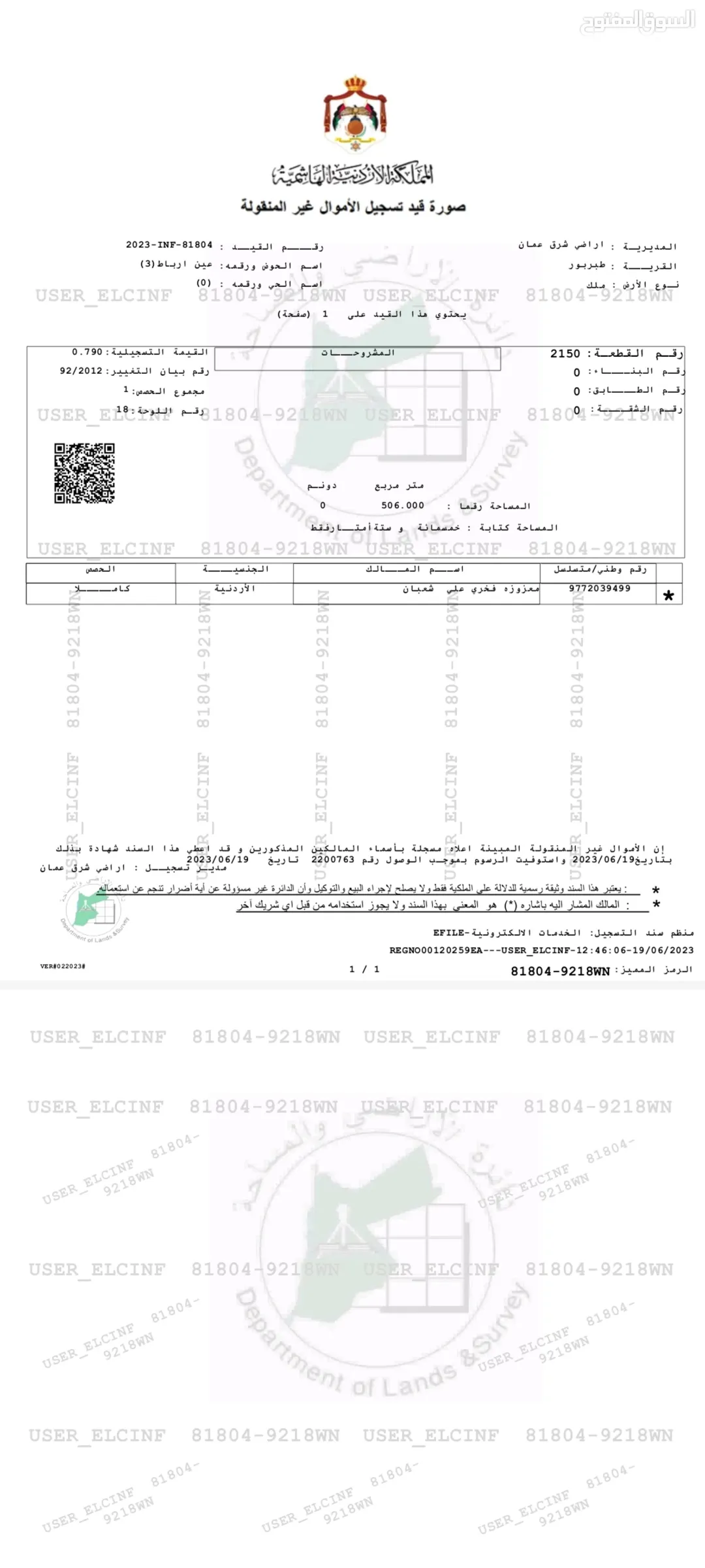 أرض للبيع في عين رباط طبربور عمان 506 متر مربع