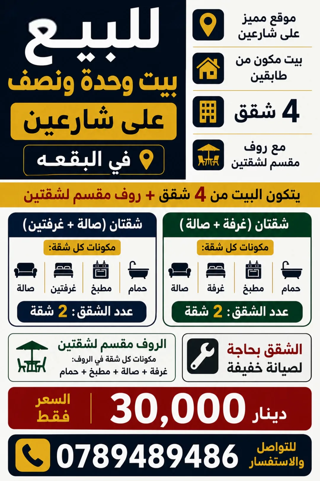 في البقعه بيت للبيع مكون من وحده ونصف طابفين
