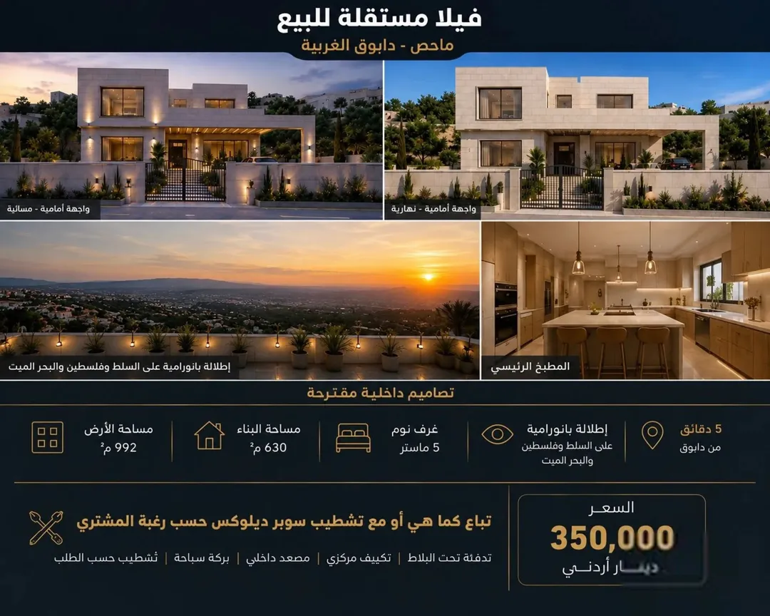 فيلا مودرن مستقلة للبيع في عمان، ماحص – دابوق الغربية بإطلالة بانورامية