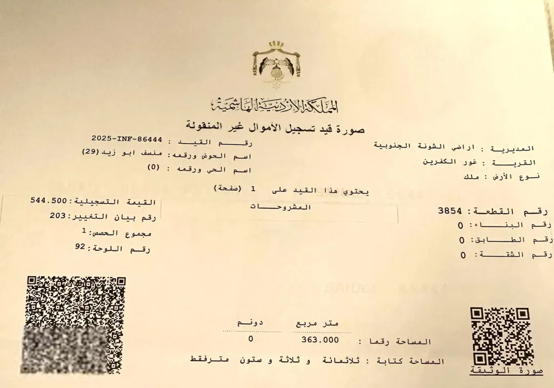 أرض للبيع في الغور – الروضة بإطلالة ساحرة على البحر الميت