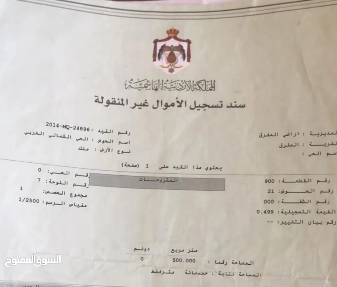 أرض سكنية بمساحة 500 متر مربع للبيع في حي الحسين