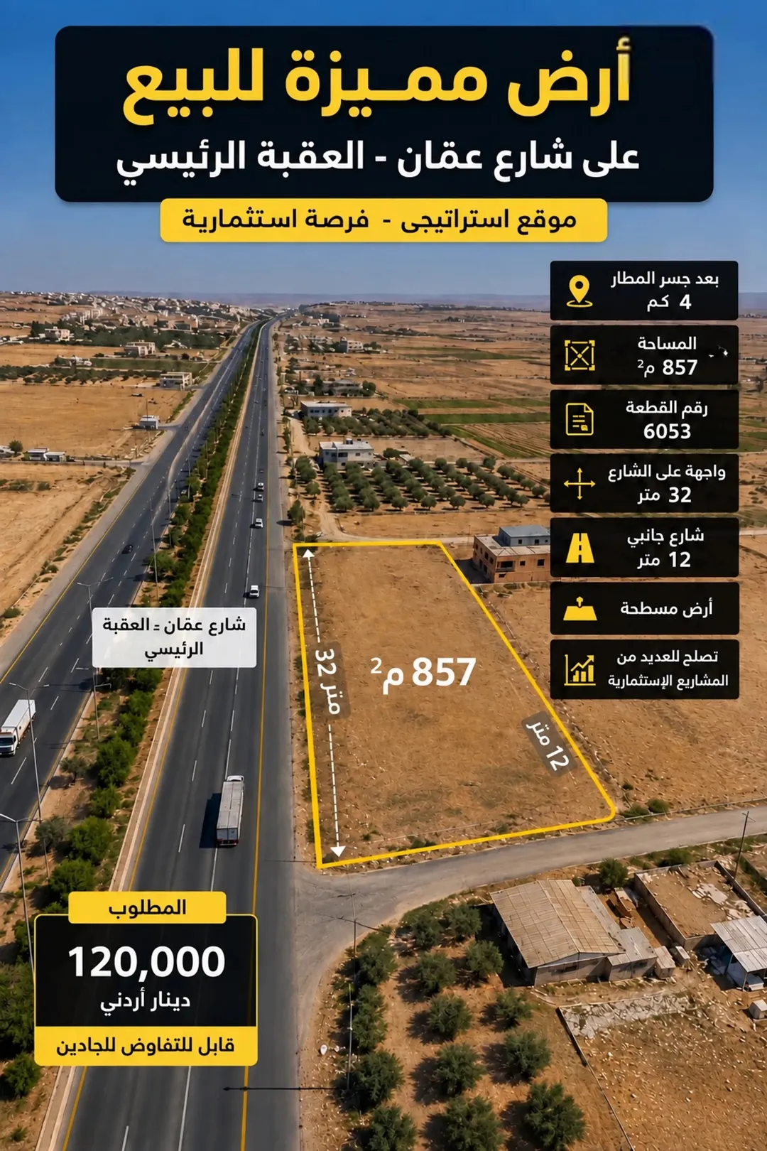 ارض مميزة للبيع على شارع عمان العقبة (الجيزة -الموارس) بموقع استراتيجي