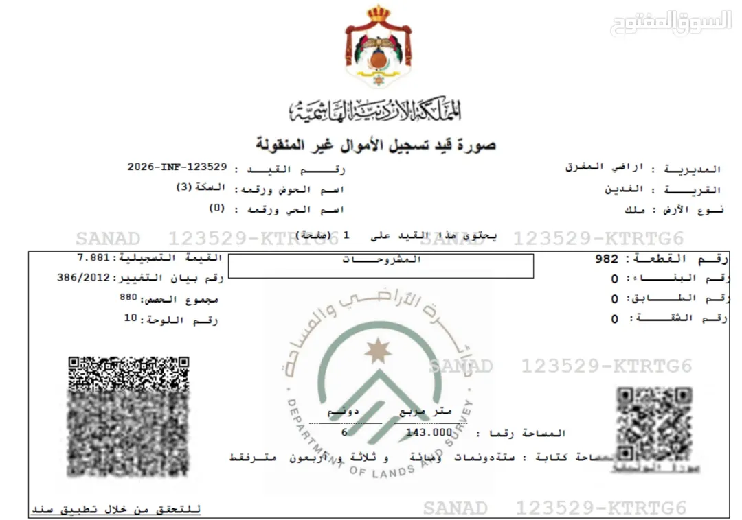 ارض للبيع في المفرق الفدين منطقة السكة