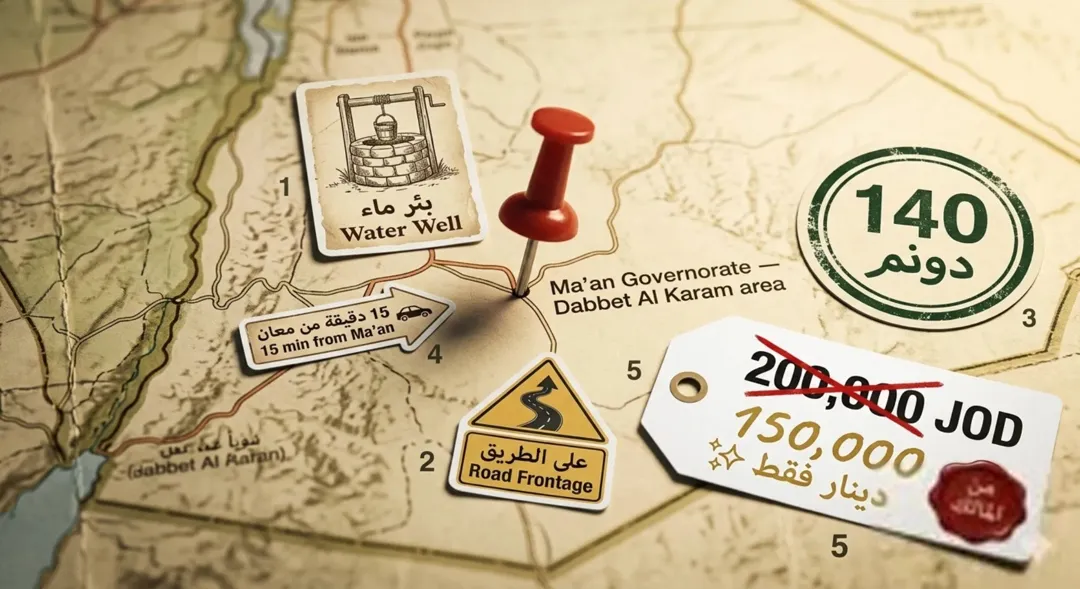 أرض زراعية بمساحة 140 دونم في دبة الكرم – معان مع بئر ماء جوفية