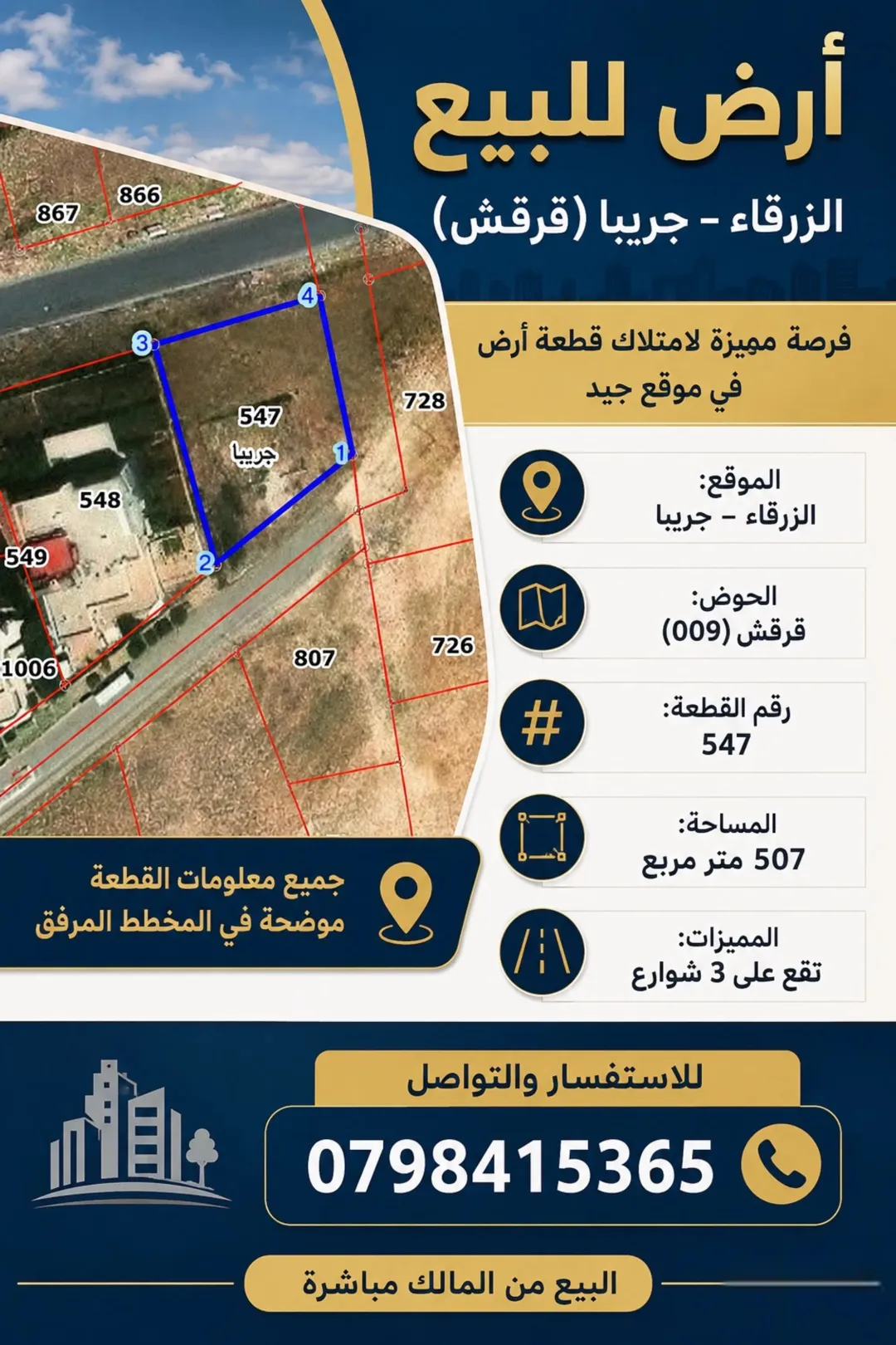 أرض سكنية مميزة للبيع في الزرقاء – جريبا قرقش