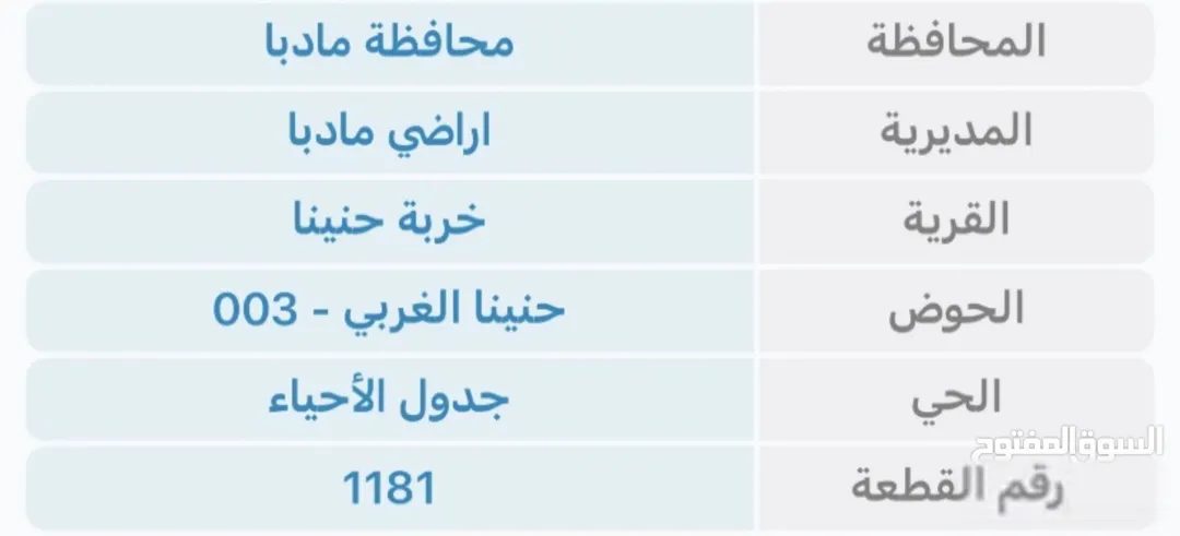 ارض للبيع في حنينا الغربي مادبا