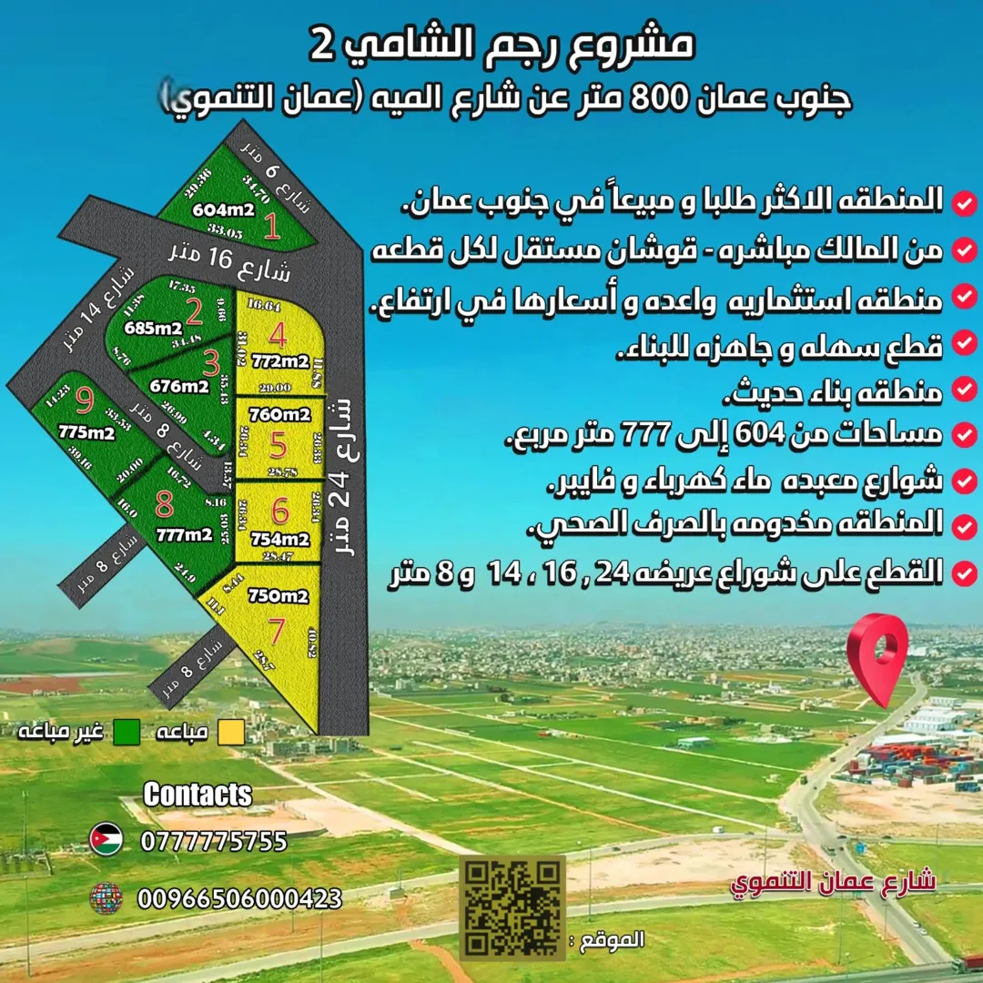 أراضي سكنية للبيع في رجم الشامي جنوب عمان بالقرب من شارع الميه عمان التنموي