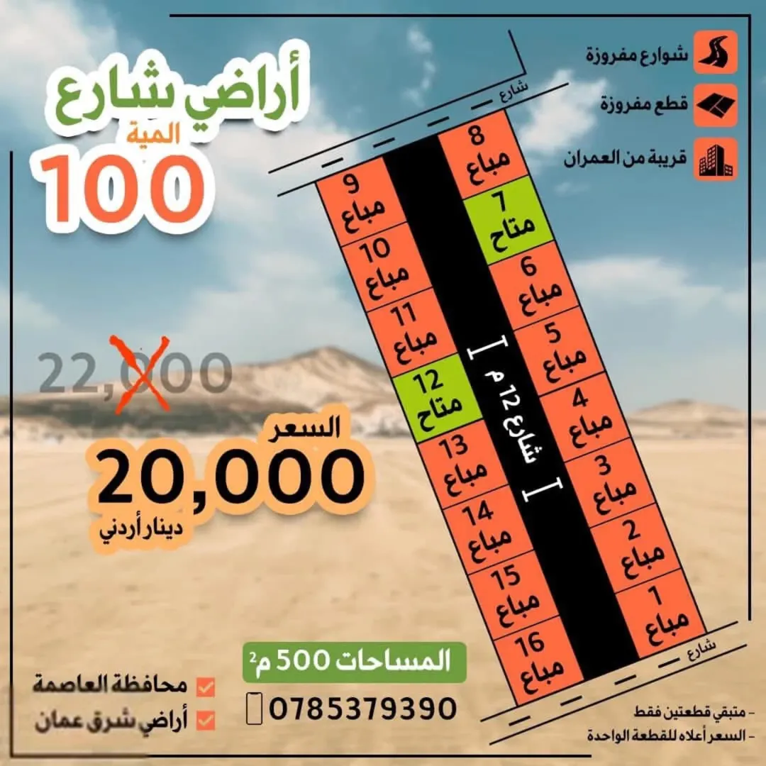 أراضي سكنية للبيع في وادي العش – شارع المية