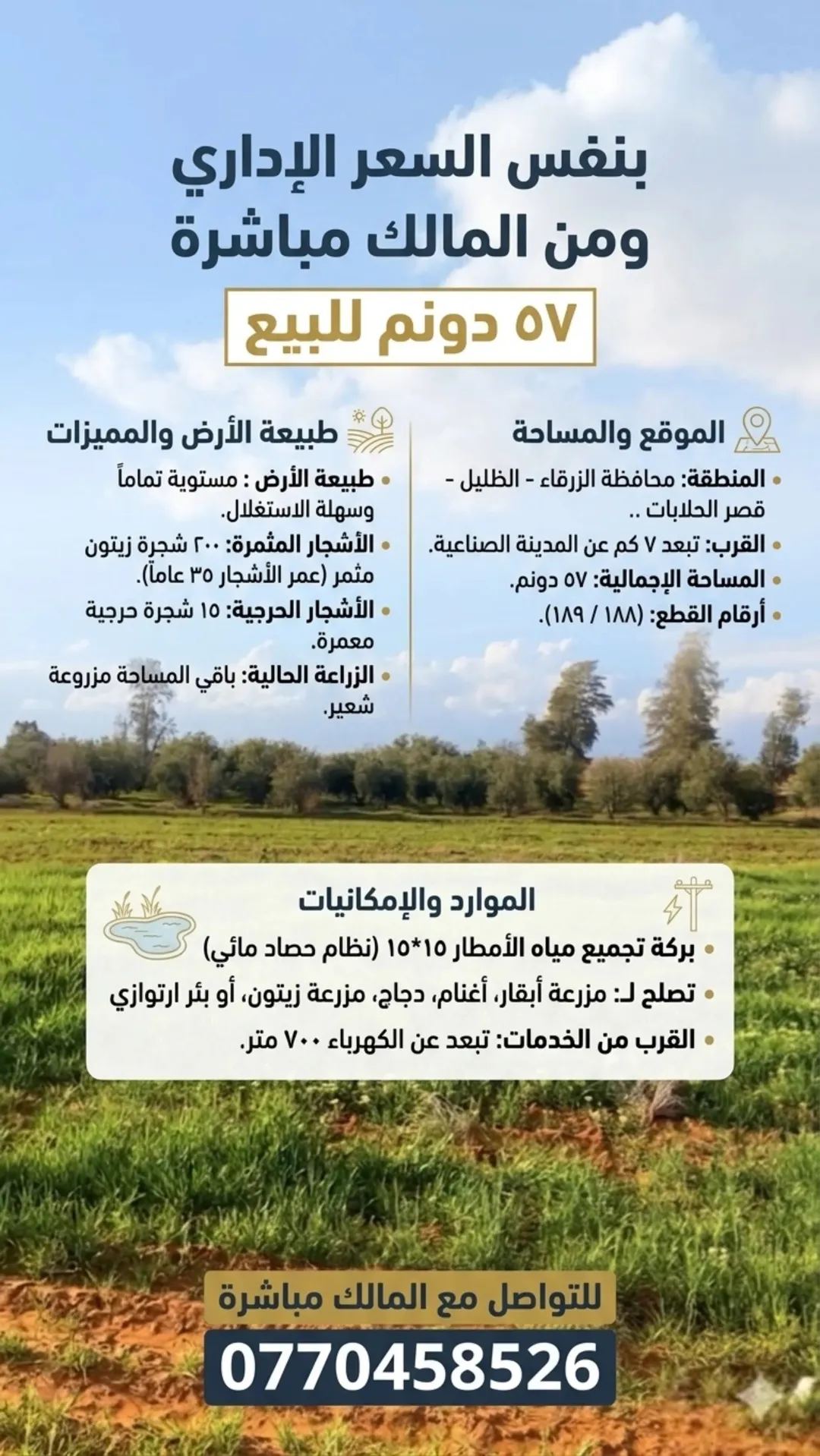 أرض زراعية للبيع في الزرقاء – قصر الحلابات بمساحة 57 دونم
