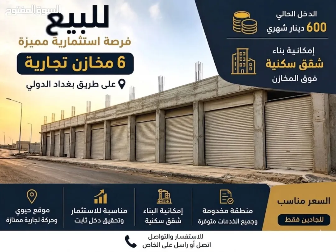 6 مخازن تجارية للبيع في المفرق على طريق بغداد الدولي